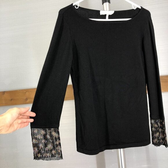 ESCADA Wool Cashmere Silk Black Scoop Neck Sweater w Beaded Cuffs EU 36 US 6 (S) - Picture 2 of 9